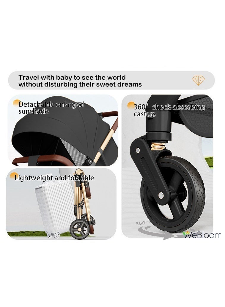 WeBloom 2 In 1 Sit & Lie Down Dual Mode Foldable Baby Stroller|Lightweight Aluminum Frame|Excellent 360° Shock-Absorbing Wheels|One-Touch Folding|Enlarged Cabin With Adjustable Backrest|Enlarged UV50+ Protection Cannopy|5-Point Safety Harness|Extra Storage Basket|Detachable Cushion + Guardrail|Large Size Breathable Travel Stroller|For 6-36 Months Baby|Black - Image 3